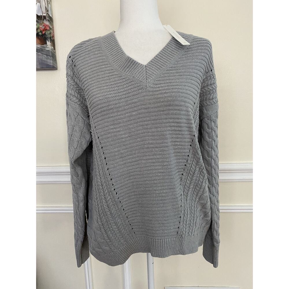 Caslon V-Neck Cable Sweater,gray women size S Cotton Blend A003031 - Picture 2 of 7